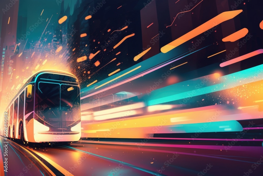 Poster motion blur and digital data flow on the road give the impression of rapid data transit. concept of 