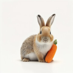 Obraz premium cute bunny holding knitted carrot on white background