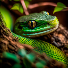 Fototapeta premium Green Tree Snake. Year 2025. Blurred background.