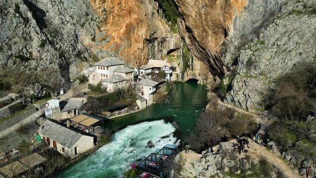 Aerial view of Tekija in Blagaj in BiH. The Tekija, dervish house, set at the source of the river Buna, was and still is a venue for dervish Zikr praise-chanting three nights weekly.