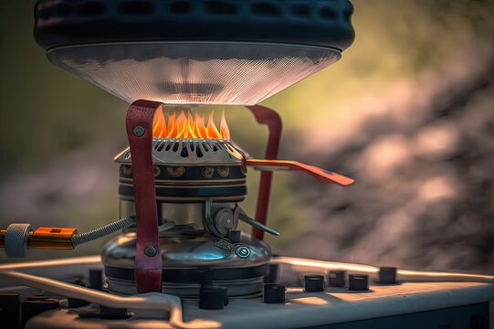Cooking Outdoors: Close-up of a Gas Cooker During Campsite Cooking. Photo AI