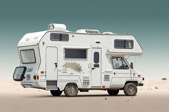 White Motorhome Camping - Clean Side View Isolated on White Background. Photo AI