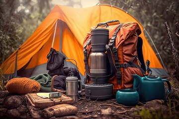 Essential Gear and Accessories for Mountain Hiking in the Wilderness Camping. Photo AI - obrazy, fototapety, plakaty