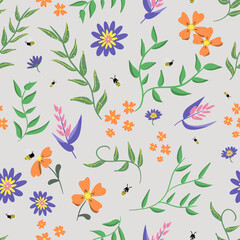 Bees and flowers seamless pattern on cream