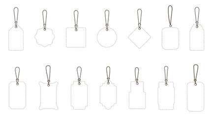 Set of blank White price tags in different shapes. Collection of labels with string