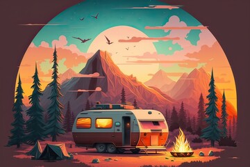 Fototapeta na wymiar Sunset Camping in the Mountains: Summer & Spring Landscape Illustrations for Travel Mobile Home. Photo AI