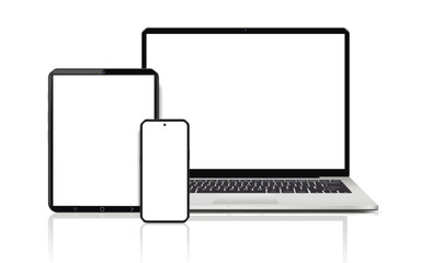 Laptop computer, tablet and mobile phone. Flat lay detailed and realistic devices mockup - obrazy, fototapety, plakaty