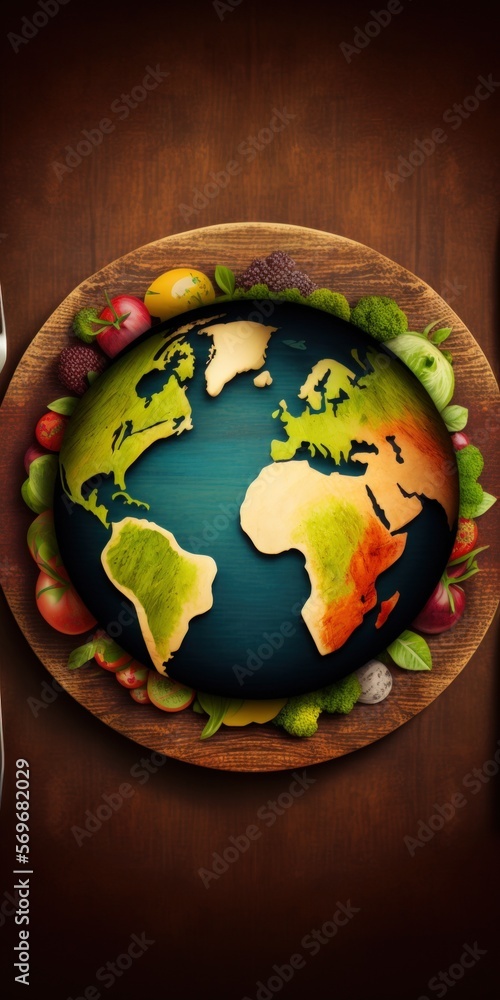 Aufkleber on a wooden background, the earth plate is displayed with a fork and knife. notion of global hunger.