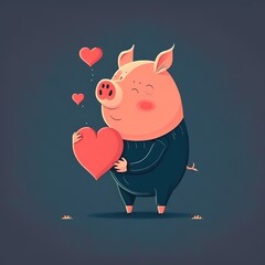 pig with heart color flat illustration