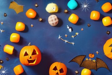 Halloween frame with party decorations of pumpkins, bats, ghosts, spiders on blue background from above. Happy halloween card in flat lay style.