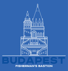 Obraz premium Fisherman's bastion towers icon in Budapest. Vector art illustration flat design. Hungary's famous architectural landmark thin line illustration. Hungarian tourist destination you have to visit