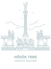 Heroes's Square in Hungary capital icon. Vector art illustration flat design. Budapest famous architectural landmark thin line illustration. Historical Hungarian statues,kings, tourist destination.