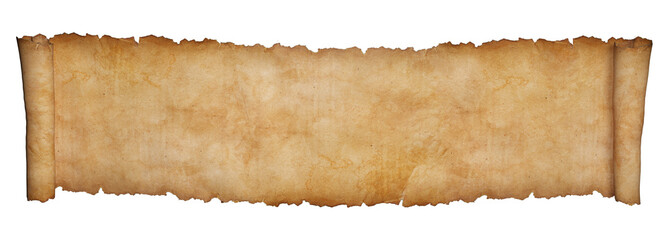 Horizontal paper scroll or parchment manuscript isolated on a white background.