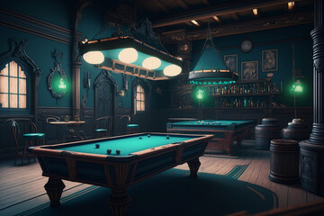 internal design with pool table and amazing light, 3d render, generative ai