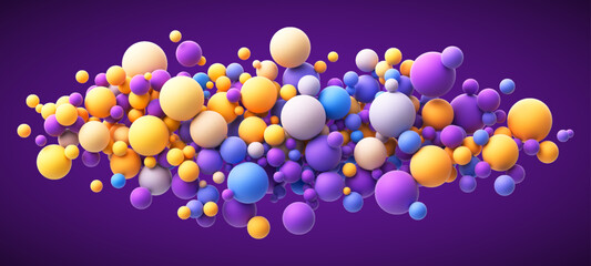 Abstract composition with colorful random flying spheres. Purple and yellow matte soft balls in different sizes. Vector illustration