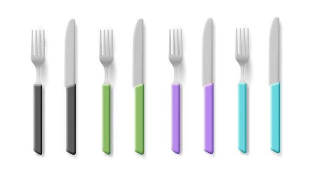 Set of modern cutlery, fork and knife. Different color of the pen. Objects for use in concept design.