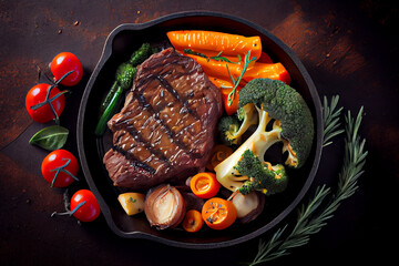 Appetitanregendes medium gebratenes Steak mit Gemüse in einer Pfanne  - Generative Ai 