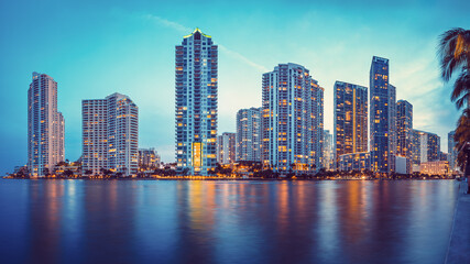 the skyline of miami after sunset