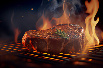 Nahaufnahme von einem Steak auf einem brennen Grill - Generative Ai  - obrazy, fototapety, plakaty