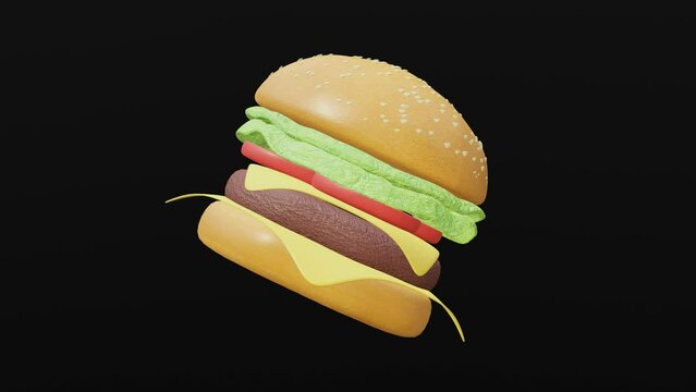 3D burger rotating on black screen or chroma key for advertisement. Hamburger or cheeseburger with cutlets, cheese, tomatoes. Tasty big burger. Seamless loop. 4K 3D render footage animation