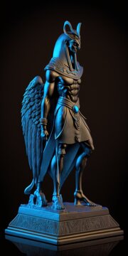 A falcon headed metal statue of the Egyptian god Ra with a black background and blue lighting. superior photograph. Generative AI