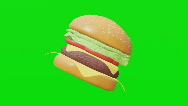 3D burger rotating on green screen or chroma key for advertisement. Hamburger or cheeseburger with cutlets, cheese, tomatoes. Tasty big burger. Seamless loop. 4K 3D render footage animation