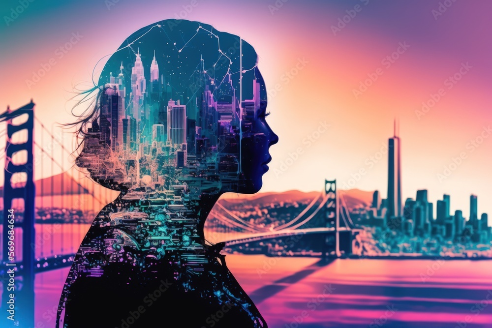 Aufkleber holographic abstract representation of artificial intelligence with a background of the san francisc