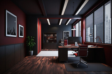 Fototapeta premium interior of a office, with pc and desk, 3d render, generative ai