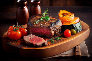 Appetitanregendes Medium gebratenes Steak angerichtet auf einen Holzbrett auf rustikalen Hintergrund - Generative Ai 