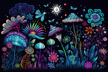 Surreal fantasy land floral abstract illustration. Dreamy mushrooms, colorful flowers, plants, digital painting. Glowing fairy mushrooms on dark background, artwork.