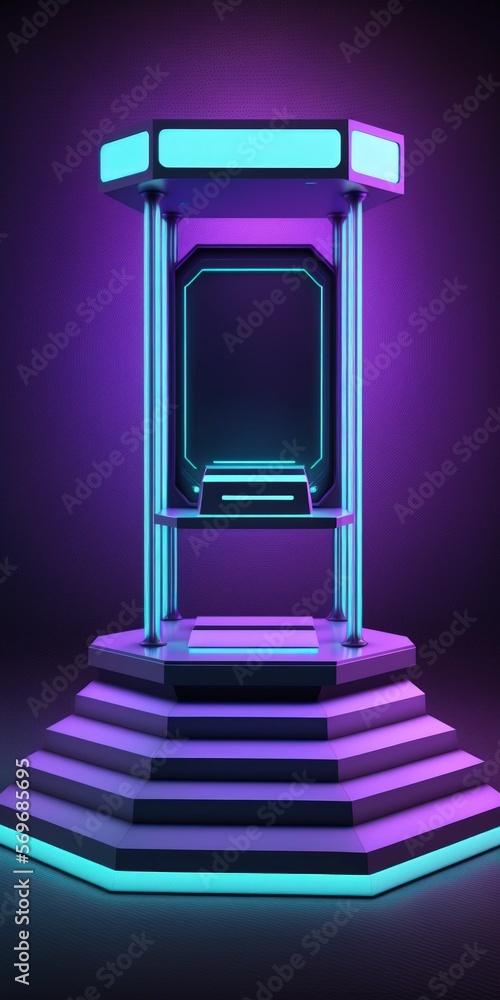 Poster a dim space with a platform lit up in purple and blue neon. futuristic sci fi podium with a hologram
