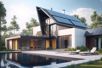 Obraz premium Solar panels on the roof of the modern house. Exterior design of luxury modern house with a swimming pool. AI generated