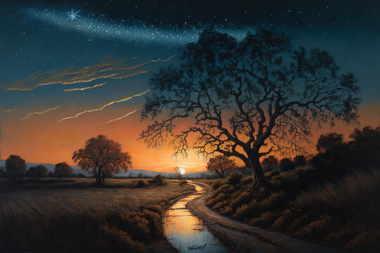 Painting of evening nature landscape and stars, art illustration 