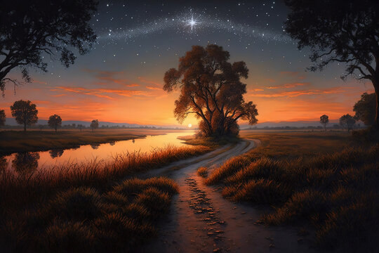 Painting of evening nature landscape and stars, art illustration 