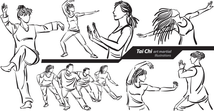 tai chi art martial exercises fitness workout doodle design drawing vector illustration