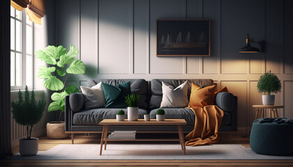 Cozy sofa with a lot of pillows and cute small table in living room interior created with Generative AI