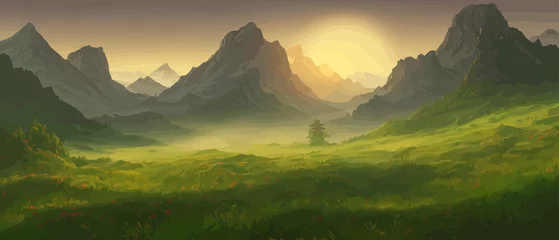 Fotobehang Panoramic view of big mountains, beautiful green meadows. Flat cartoon landscape with nature. Summer or spring landscape. Travel posters. Natural park or forest outdoor background with mountains. © Павел Кишиков