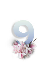 Numeri su sfondo bianco con fiori di magnolia
