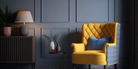 modern living interior with yellow armchair, 3d render, generative ai