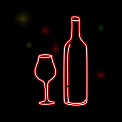 Glowing Bottle of wine and glass in neon light. Red wine neon sign. Night bright neon sign with colorful bottle and glass. Drink Vector