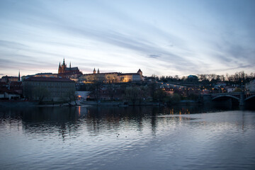 Prague, Czech Republic. Charles Bridge over Vltava River sunset and Stare Mesto.