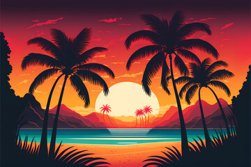 Fototapeta na wymiar Minimalist Flat Beach Ocean Landscape, colorful sunrise, 2d illustration