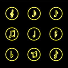 Set of neon music notes icons. Dark background. Design elements. Glowing night signboards concept. Music notes glowing sign of yellow colors. Vector illustration isolated on black background