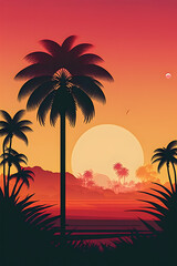 Fototapeta na wymiar Minimalist Flat Beach Ocean Landscape, colorful sunrise, 2d illustration