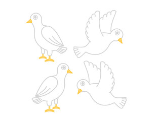 White doves flying on white background.Bird and pigeon.International peace day.Animal or poultry.Sign, symbol, icon or logo isolated.Flat design.Cartoon vector illustration.Graphic pictogram.