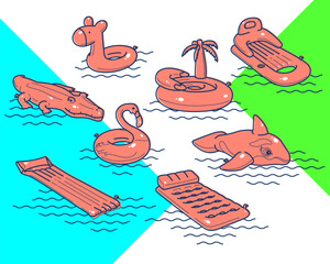 Floating air mattress. Set of colorful inflatable air mattresses on abstract colorful background