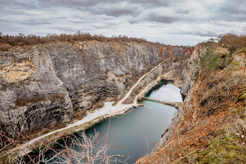 Aerial view of Velka Amerika,Big America, limestone quarry.Grand Canyon of Czech Republic.Labyrinth...
