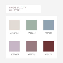 Fototapeta na wymiar Nude luxury colors palette. Cozy color pallete stylish minimalism. Swatch modern shade tone with hex code pastel colors. Super trendy colors