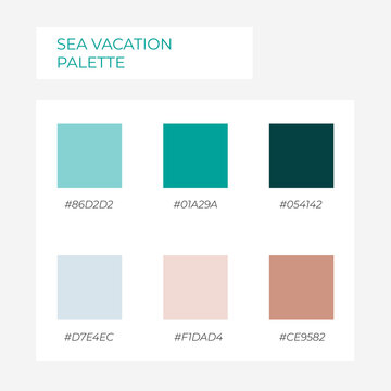 Sea vacation palette. Trendy colors palette. Cozy color pallete. Swatch summer candy shade tone with hex code pastel colors. Super trendy color spring and summer ocean blue colors