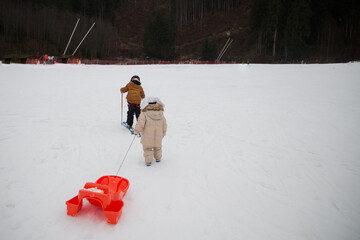 View from behind boy on ski and girl with the sled,run on uphill , during winter vacation and...